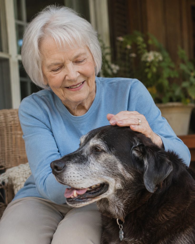An older dog and a senior citizen together