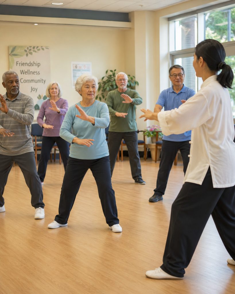 a group of seniors doing tai chi in a gym