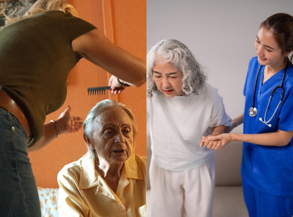images of caregiver helping elderly woman brush hair and home health medical professional providing home health care to elderly woman